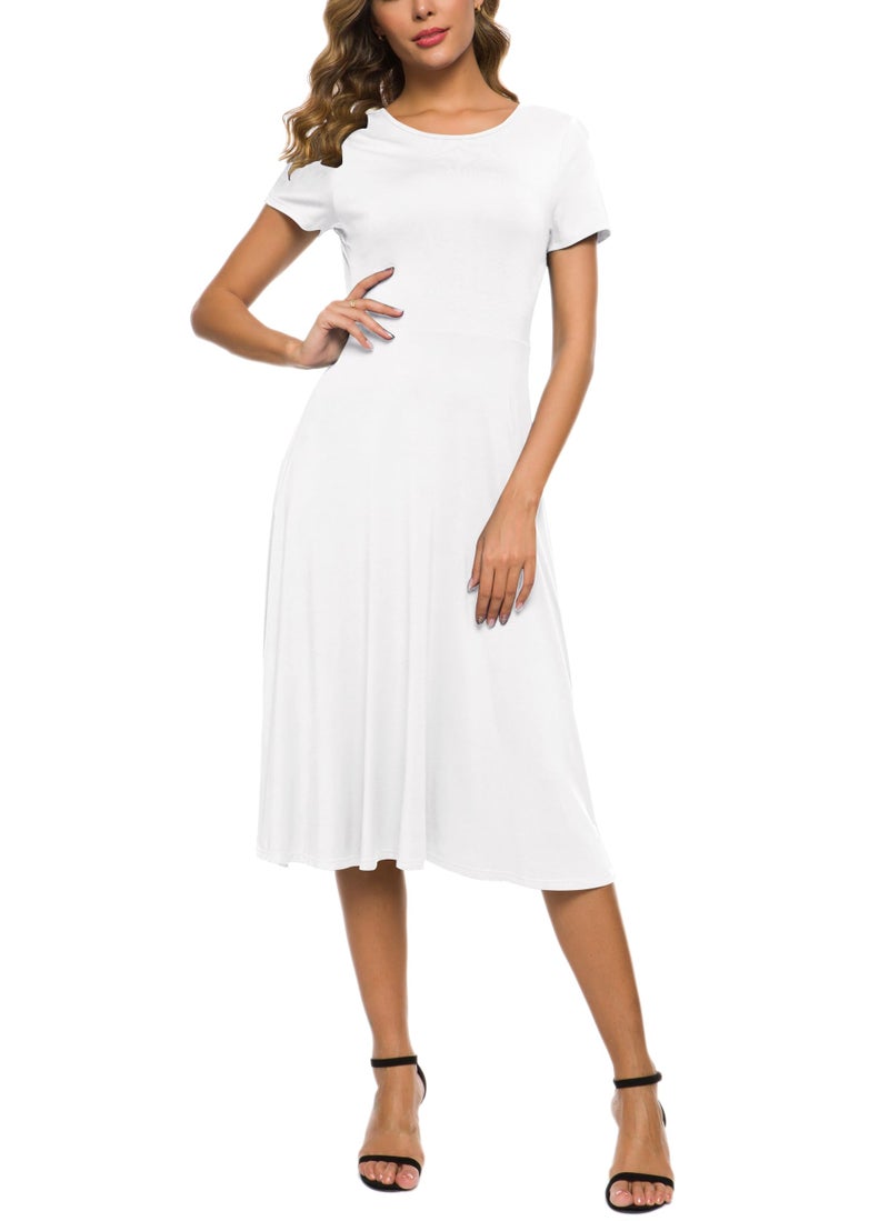 EXCHIC Women's Short Sleeve Round Neck Waisted Slim Summer Midi Dress (M, White) - Image 4